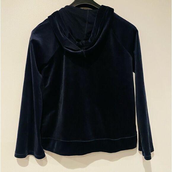 Anthropologie Saturday/Sunday Velour Hoodie Navy Wrap Satin Tie Top Size Small - Picture 3 of 5
